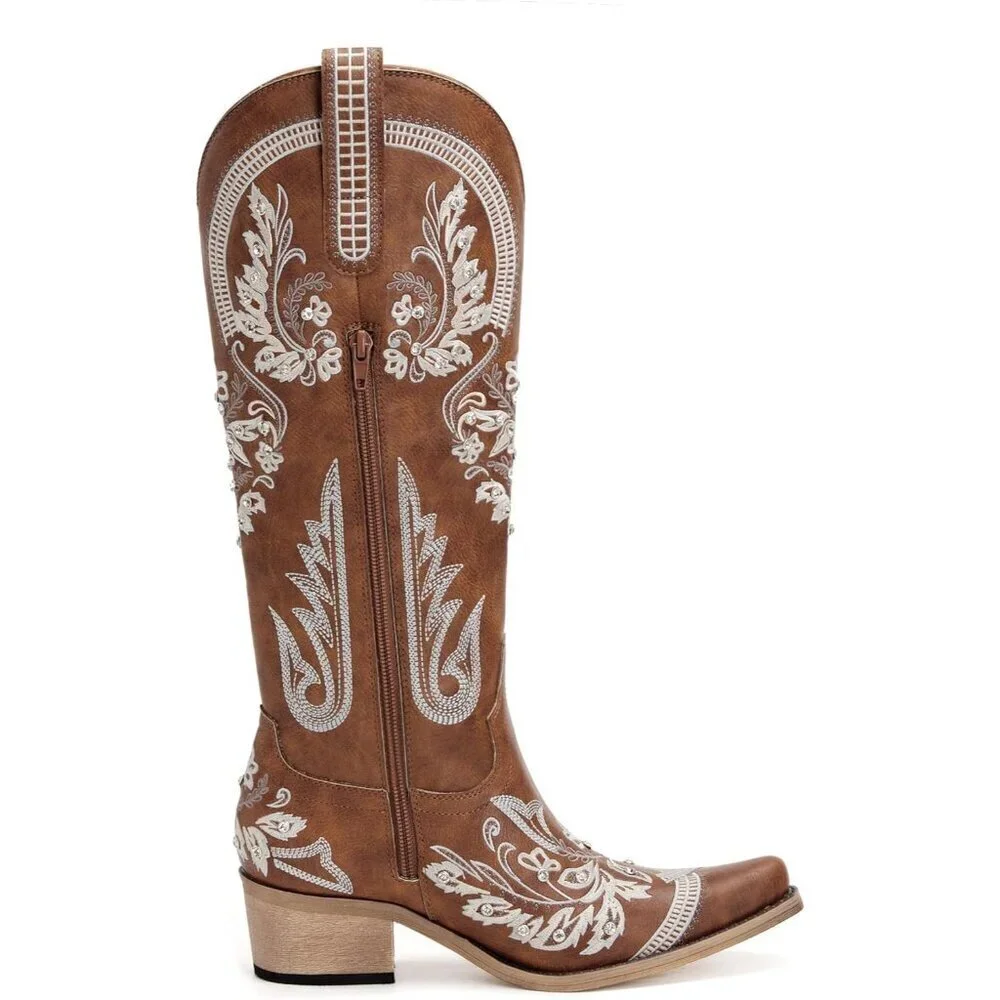 Women Faux Leather Brown Rhinestones Embroidered Chunky Heel Knee High Boot